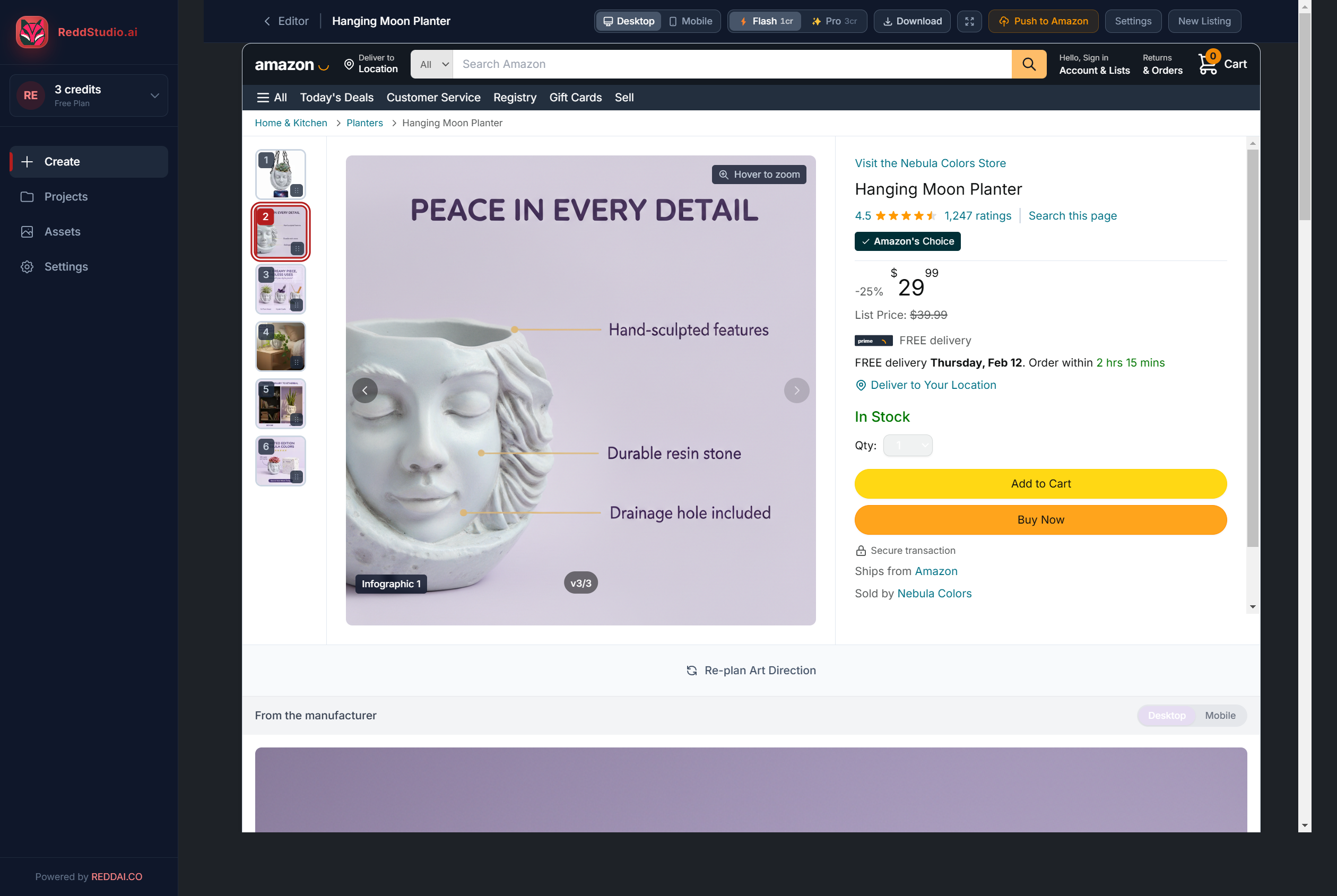 In-app Amazon listing preview with thumbnails, product info, and push-to-Amazon button